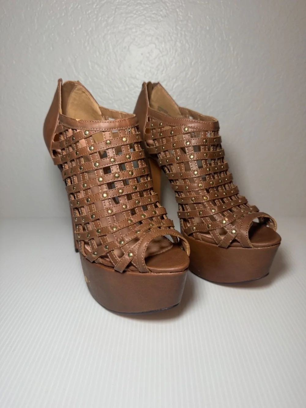 Kelsey Tan Studded Woven Platform Heels - Picture 2 of 10